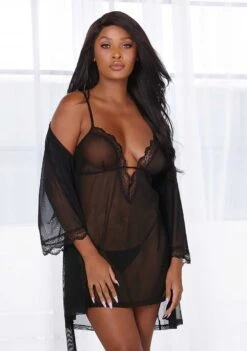 Dreamgirl Stretch Mesh Chemise Robe Set – Black – L