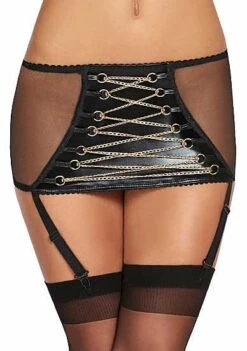 CORO Gold Chain Wetlook Garterbelt – Black S