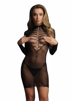 Long Sleeve Fishnet Dress – Black – O/S